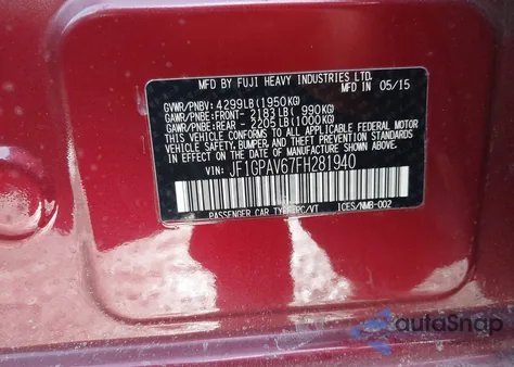 2015 Subaru Impreza 2.0I Sport Limited z USA, uszkodzony, nr VIN JF1GPAV67FH281940